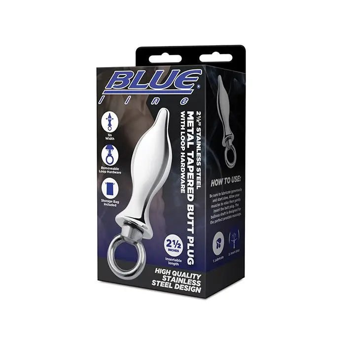2.5" Stainless Steel Metal Tapered Butt Plug With Loop Hardware Blue line