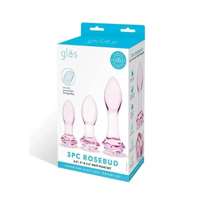 3 pc Rosebud Glass Butt Plug Set Glas
