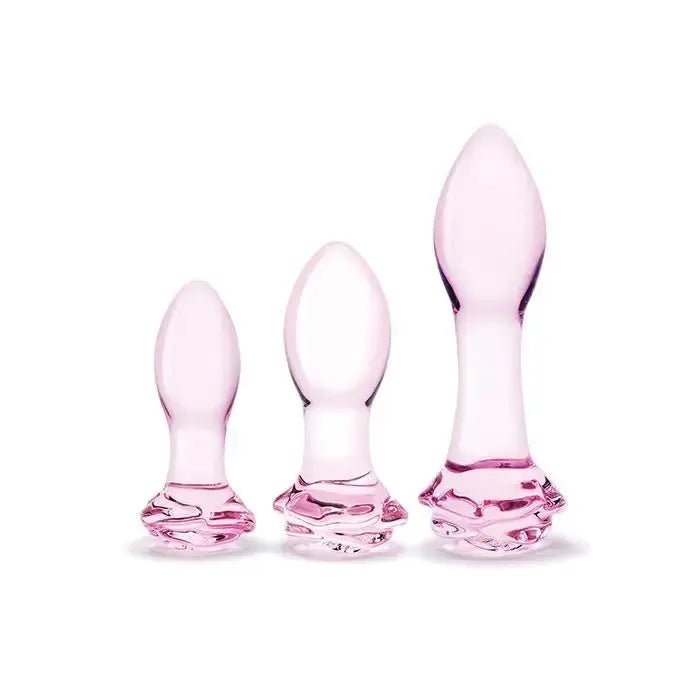 3 pc Rosebud Glass Butt Plug Set Glas