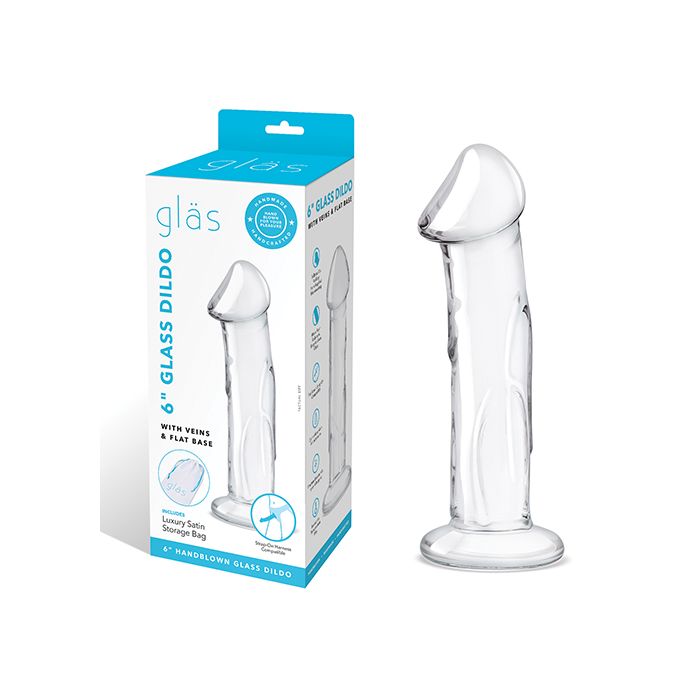 6" Glass Dildo with Veins & Flat Base - Realistic Glass Dildo Glas