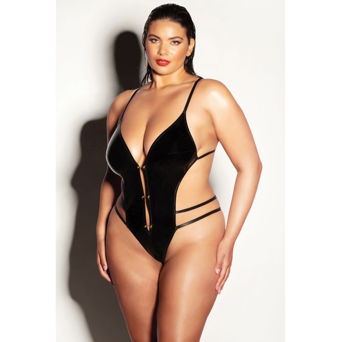 FETISH Whipped Open Gusset Vinyl Teddy with Barbell Oh La La Cheri