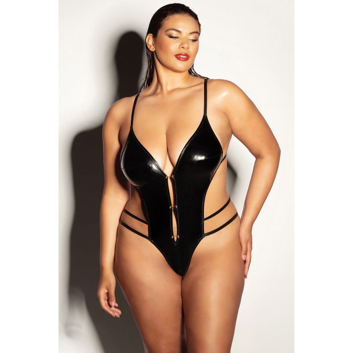 FETISH Whipped Open Gusset Vinyl Teddy with Barbell Oh La La Cheri