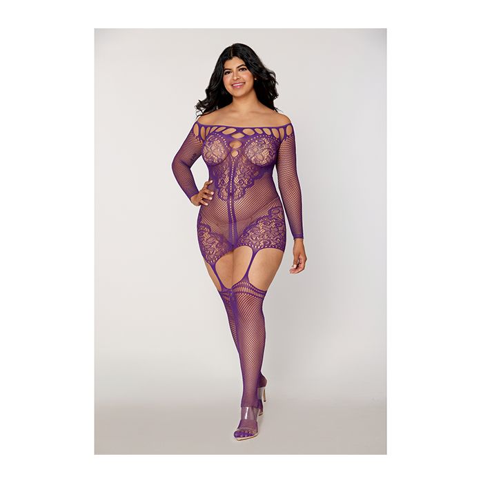 Scalloped Lace and Fishnet Garter Dress with Attached Stockings Dreamgirl