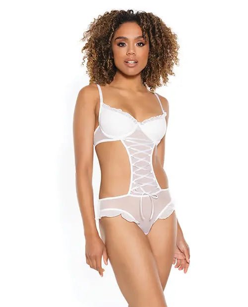 Stretch Mesh Ruffled Crotchless White Teddy SinSationes