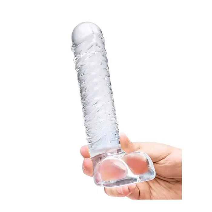 8" Realistic Ribbed Glass Dildo with Balls Glas