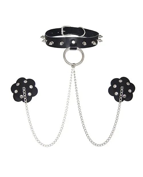 Burlesque Slave 4 U Chain Neck Choker Leather Reusable Silicone Nipztix Neva Nude