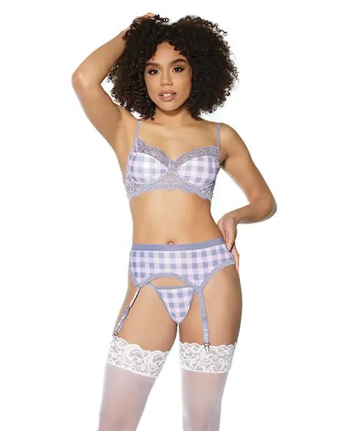 Crystal Pink Buffalo Check Print, Bra, Garter Belt & String Crystal Pink
