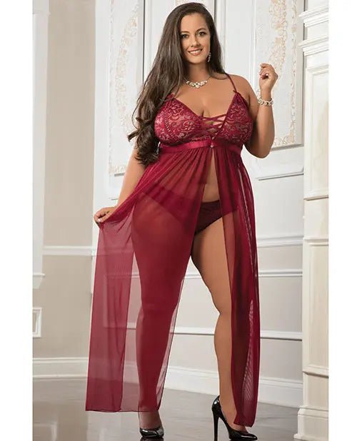 Empire Waist Laced Sheer Long Dress & Panty - Plus Sized Lingerie SinSationes