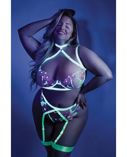Glow Black Harness Bra, Leg Garterbelt & G-String - Glow In the Dark Lingerie Glow