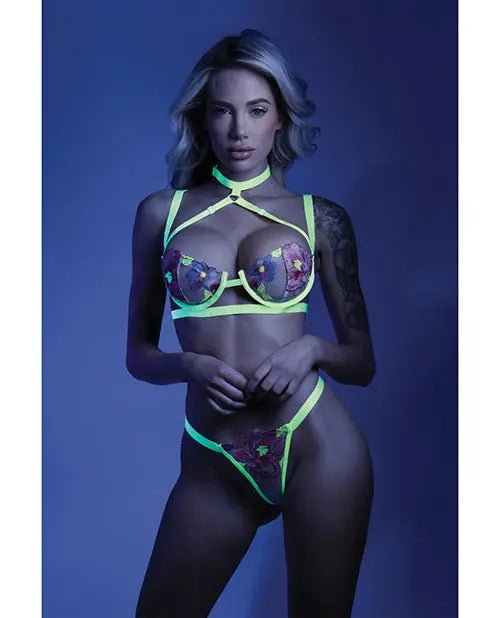 Glow Black Harness Bra, Leg Garterbelt & G-String - Glow In the Dark Lingerie Glow