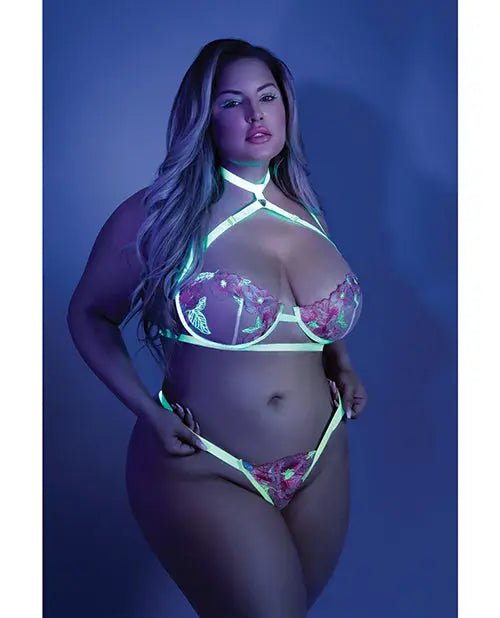 Glow Black Harness Bra, Leg Garterbelt & G-String - Glow In the Dark Lingerie Glow