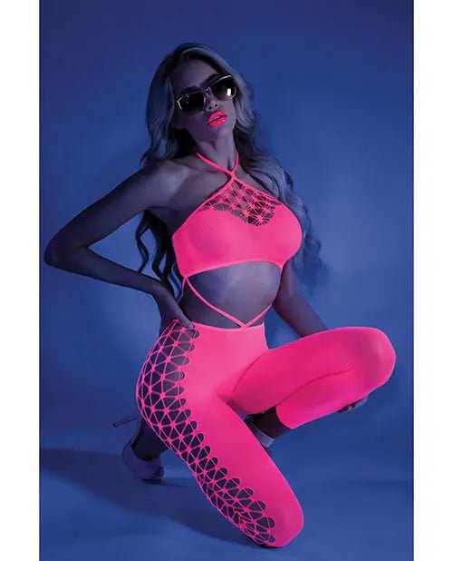 Glow Black Light Cropped Cutout Halter Bodystocking - Glow In the Dark Lingerie Glow