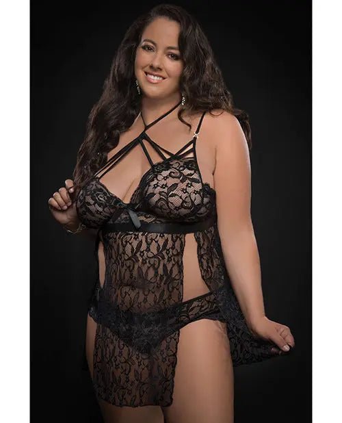 Lace Halter Babydoll with High Waist Strappy Panty SinSationes