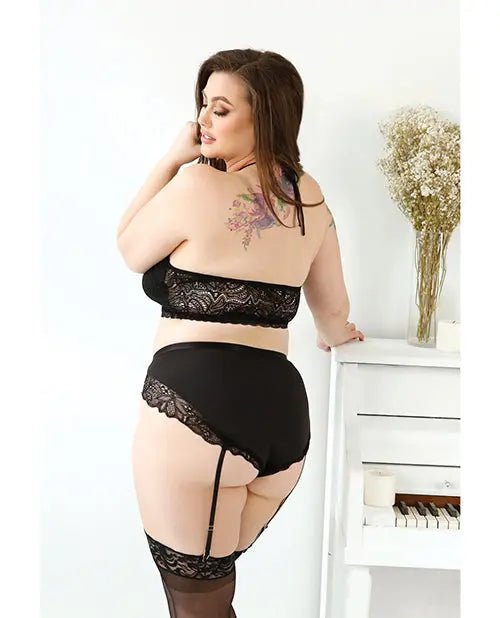 Lace Overlay Keyhole Halter Top & Gartered Panty Set - Plus Sized Lingerie Fantasy Lingerie