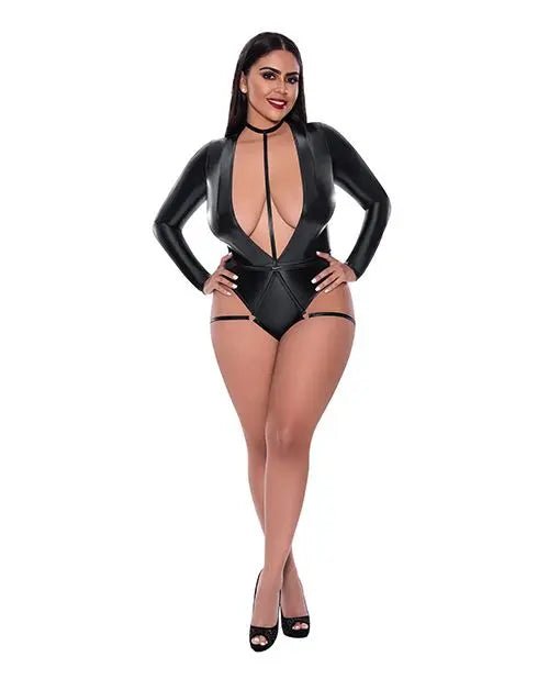 Liquid Onyx Long Sleeve Teddy with Harness Caging Magic Silk