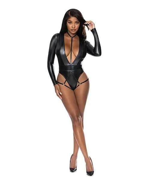 Liquid Onyx Long Sleeve Teddy with Harness Caging Magic Silk