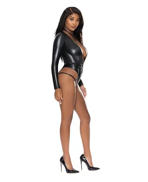 Liquid Onyx Long Sleeve Teddy with Harness Caging Magic Silk