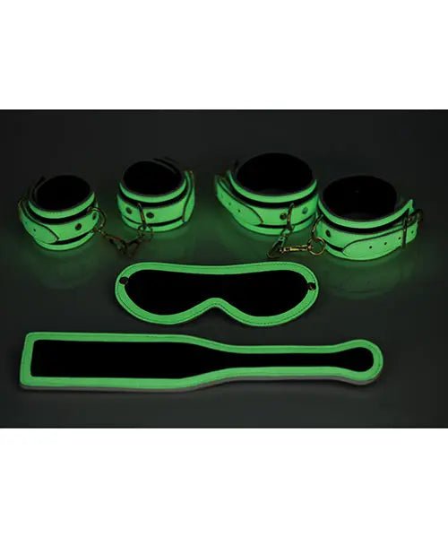 Master Series Kink in the Dark Glowing Cuffs & Blindfold & Paddle Set - Glowing Bondage Kit Master Series