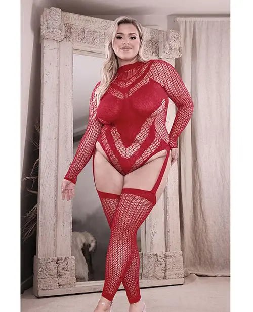 Sheer Infatuation Long Sleeve Teddy with Attached Footless Stockings Fantasy Lingerie