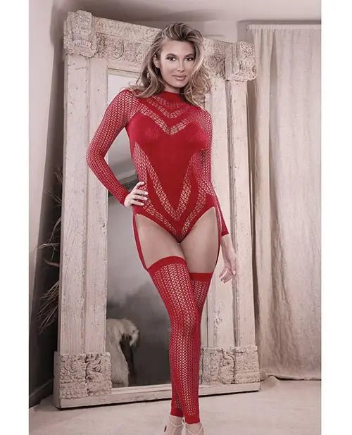 Sheer Infatuation Long Sleeve Teddy with Attached Footless Stockings Fantasy Lingerie