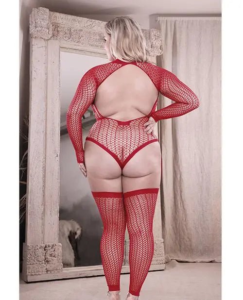 Sheer Infatuation Long Sleeve Teddy with Attached Footless Stockings Fantasy Lingerie