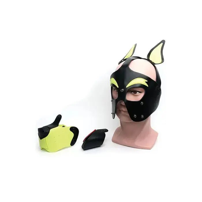 665 Playful Pup Hood - Pet Play Mask Black/Yellow 665