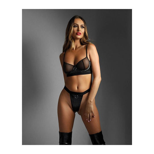 Edge Quilted Wetlook and Mesh Underwire Bra with Crotchless Panty Fantasy Lingerie