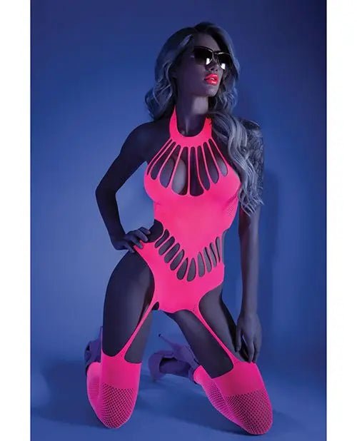Glow Black Light Footless Teddy Bodystocking Neon Pink Fantasy Lingerie