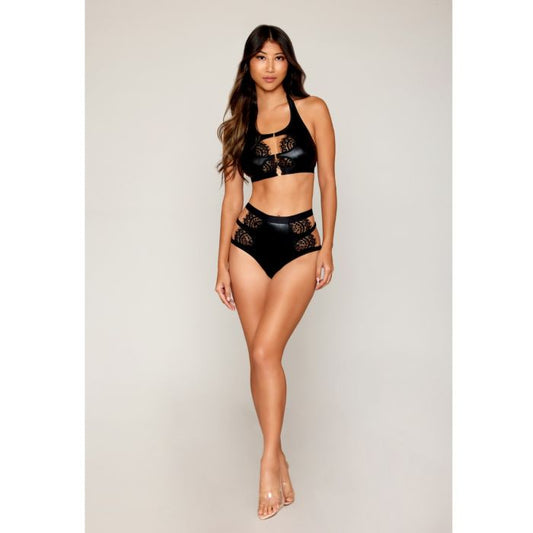 Stretch Faux Leather and Eyelash Lace Bralette with High-Waisted Panty Dreamgirl