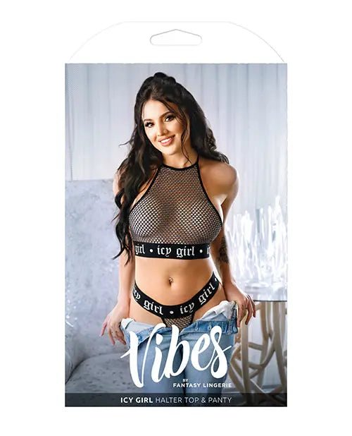 Vibes Icy Girl Metallic Fishnet Halter Top & Panty Black Vibes