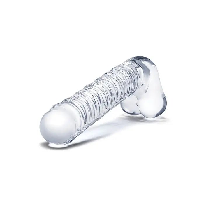 8" Realistic Ribbed Glass Dildo with Balls Glas