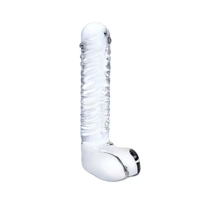 8" Realistic Ribbed Glass Dildo with Balls Glas