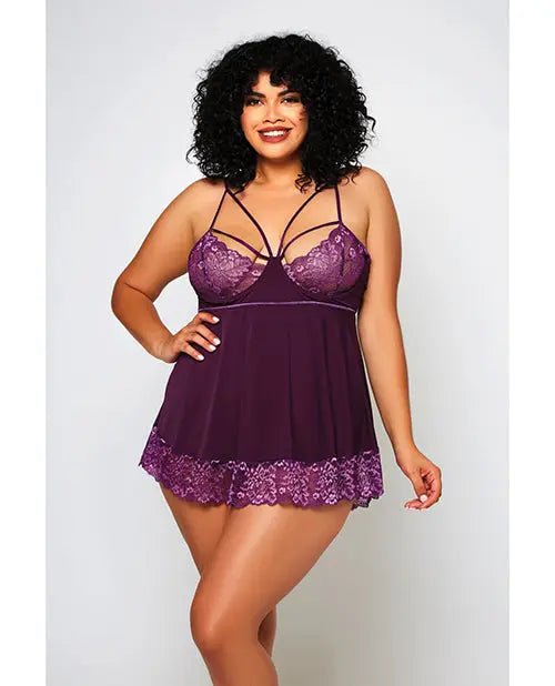 Cross Dye Lace & Microfiber Babydoll Lingerie with G-String - Purple Lingerie iCollection Lingerie