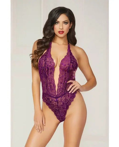 Floral Lace Teddy with Halter Satin Ribbon Ties & Snap Crotch Seven till midnight