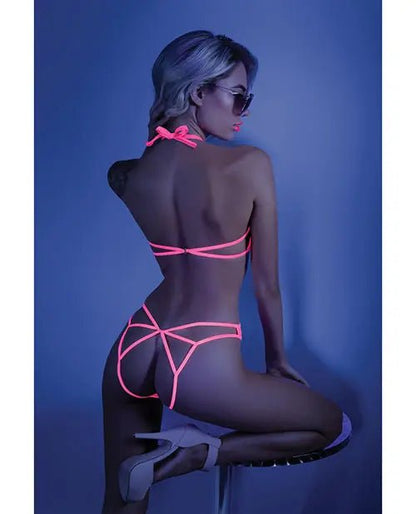 Glow Black Light Halter Bodysuit w/Open Sides Neon Pink - Glow in the Dark Lingerie Glow