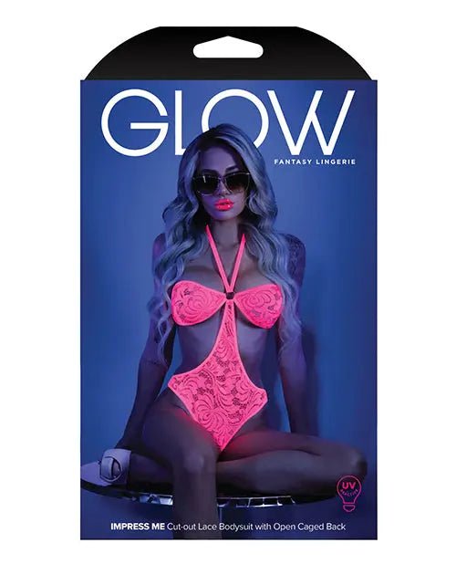 Glow Black Light Halter Bodysuit w/Open Sides Neon Pink - Glow in the Dark Lingerie Glow