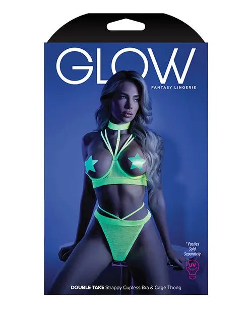 Glow Black Light Harness Shelf Bra & Cage Thong - Glow in the Dark Lingerie Glow