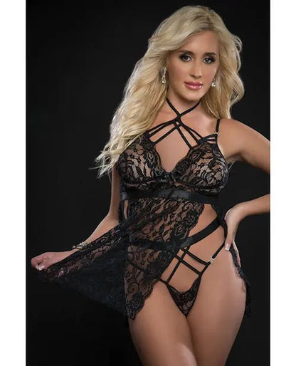Lace Halter Babydoll with High Waist Strappy Panty SinSationes