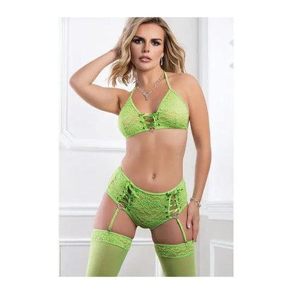 Laced Up Halter Bra with Heart Charm, High Waist Panty & Stockings G World