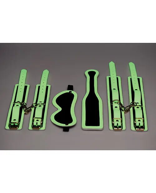 Master Series Kink in the Dark Glowing Cuffs & Blindfold & Paddle Set - Glowing Bondage Kit Master Series
