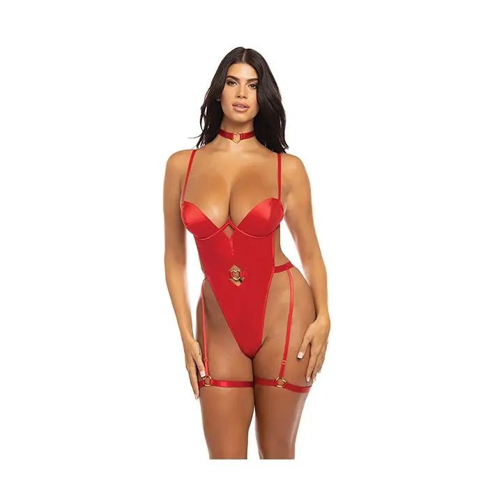 Mila Stretch Satin Padded Cup Teddy with Heart Ring - Christmas Lingerie Oh La La Cheri